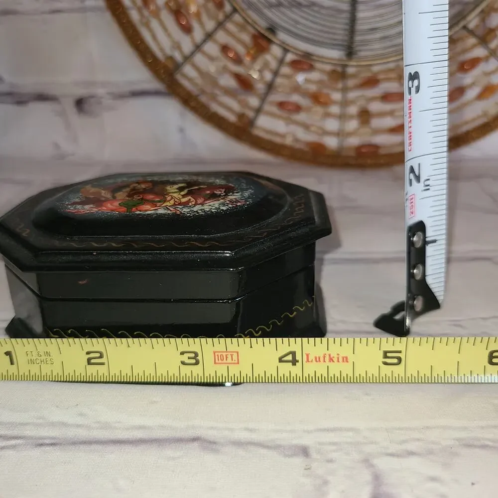 Russian Lacquer Box Palekh Style Hand Painted Artist Signed Vintage Folk Scene